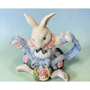 Fitz & Floyd Bloomers Bunny Rabbit Teapot Floral Spring Easter Cottagecore Blue